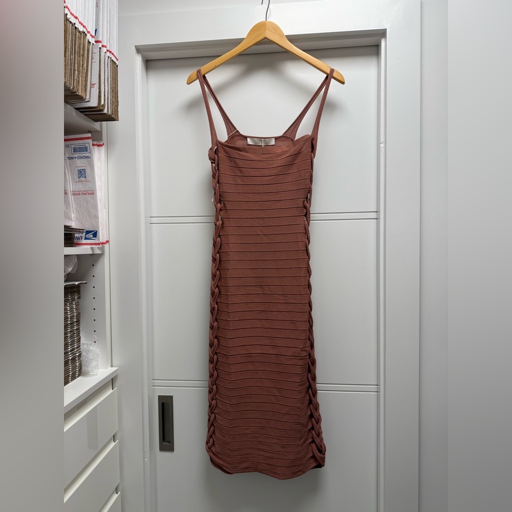 DION LEE Knit Mirror Braid Strap MIDI Dress in Soft Brick - Picture 3 of 6